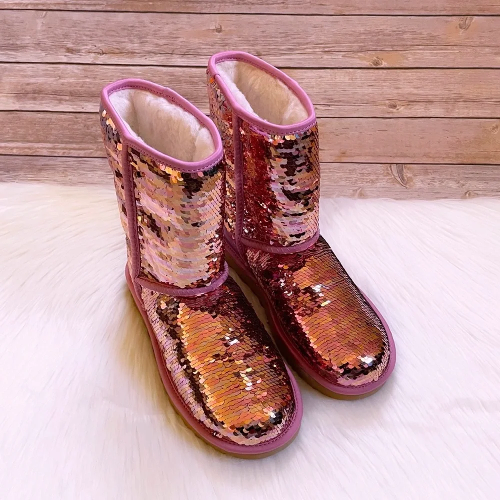 UGG Women’s Classic Short Sequin Pink Boots - Picture 5 of 8